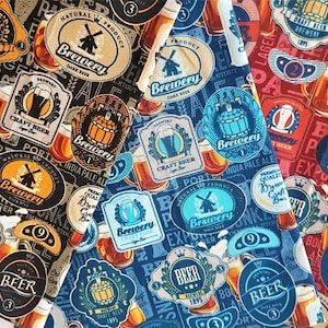 Beer Label Fabric on Amber, Black and Blue, Premium 100% Cotton