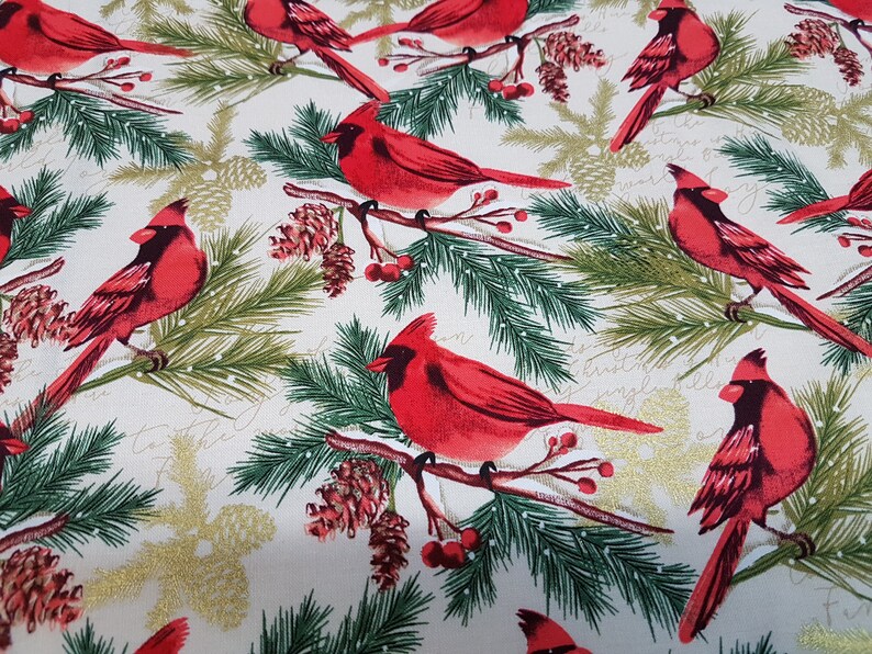 Red Cardinal Bird Fabric Cardinal Bird Metallic Acorn Etsy