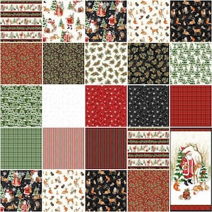Pu&ograve; includere: Una collezione di 24 quadrati di tessuto natalizio con vari motivi, tra cui Babbo Natale, alberi di pino, fiocchi di neve e animali del bosco. I tessuti sono in tonalit&agrave; di rosso, verde, bianco e nero.
