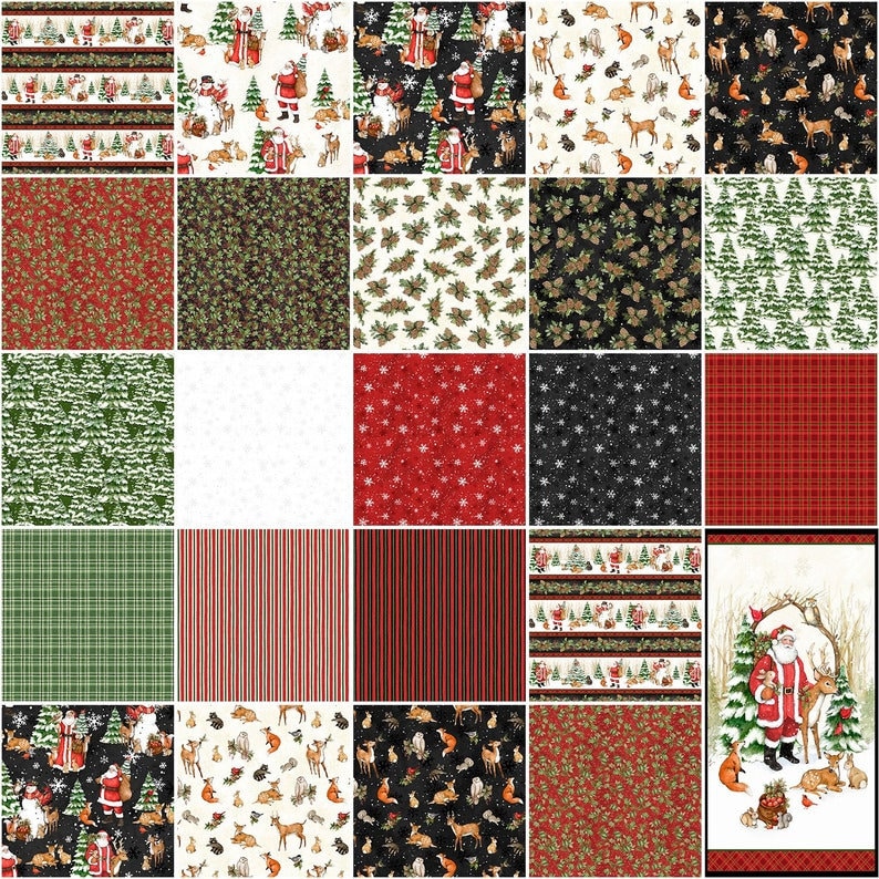 Pu&ograve; includere: Una collezione di 24 quadrati di tessuto natalizio con vari motivi, tra cui Babbo Natale, alberi di pino, fiocchi di neve e animali del bosco. I tessuti sono in tonalit&agrave; di rosso, verde, bianco e nero.