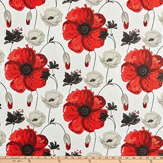 Red & Grey Poppies Cotton Canvas Fabric - STOF France