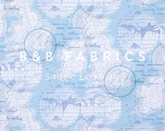 Globe Map Canvas Fabric: Turquoise Ottoman Upholstery, Crafting Material
