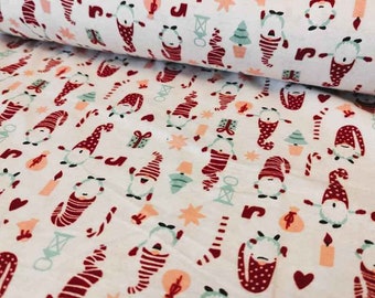 Christmas Gnome FLANNEL, Cream flannel fabric by the Yard