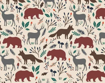 Wild Animal Woodland FLANNEL on Cream flannel fabric by the Yard. 50221001B-01