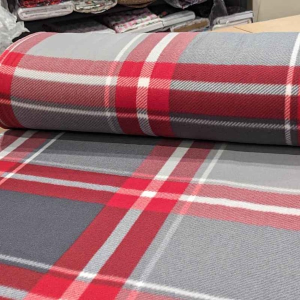 Large Scale Grey, Red and White Plaid Anti-Pill Polar Fleece by the Yard