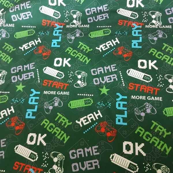 Video Game Fabric, Video Game Text on Green Fabric, 100% Premium Cotton