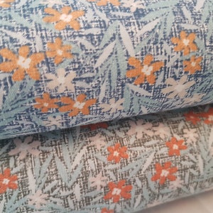 Floral fabric by the Yard, Miniature Orange Flowers on Light Blue or Light Grey Quilting Cotton fabric
