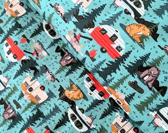 Camping Critters Cotton Fabric: Retro Campers, Bears, Foxes - Quilting & Sewing