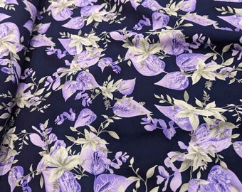 Challis fabric, Purple Floral Print Fabric in Navy Fabric by the Yard