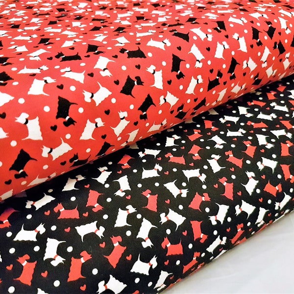 Dog Fabric, Scotty dog Fabric, Kanvas Dotty For Scottie Mini Scotties in Black or Red,  100% Cotton fabric