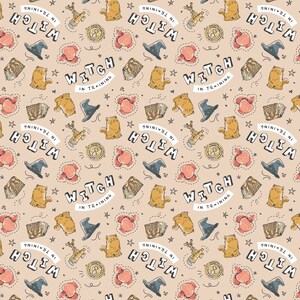 May include: A seamless pattern featuring a light brown background with a variety of hand-drawn illustrations. The illustrations include a witch's hat, a cat, a book, a heart, a telescope, a compass, and the text "Witch in Training".