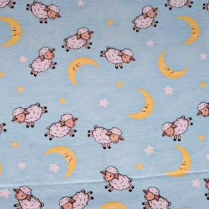 Counting Sheep & Moon Cotton Flannel Fabric | Blue Baby Flannel by the Yard | Soft Nursery Fabric | Sleepy Sheep Fabric for Quilting
