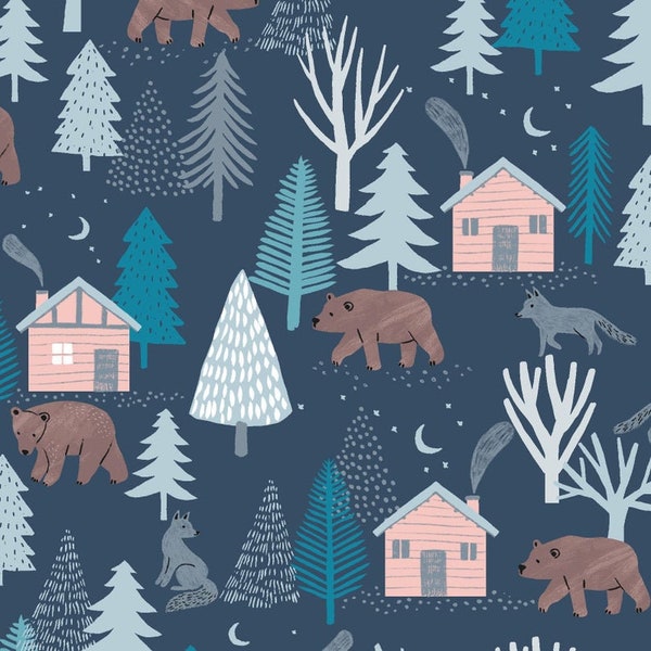 Woodland Fabric, Bär Stoff, Dreaming of Snow Bears Blau, Clothworks, Stoff massenware, Meterware Stoff