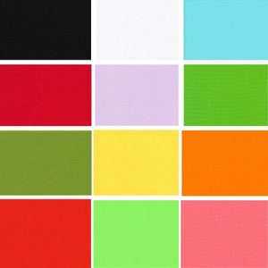 May include: A collection of 12 fabric swatches in various colors, including black, white, red, light purple, green, yellow, orange, light red, light green, and pink. The fabric swatches are arranged in a grid pattern.