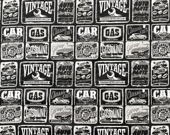 Car fabric by the Yard, Black Gray Retro Car Signs fabric