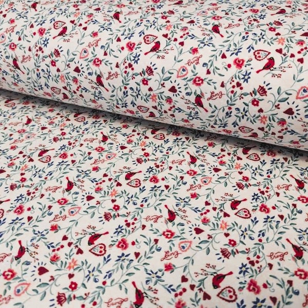 Lanz of Salzburg FLANNEL fabric, Cardinal Birds, Hearts and Florals on White Flannel fabric, V4