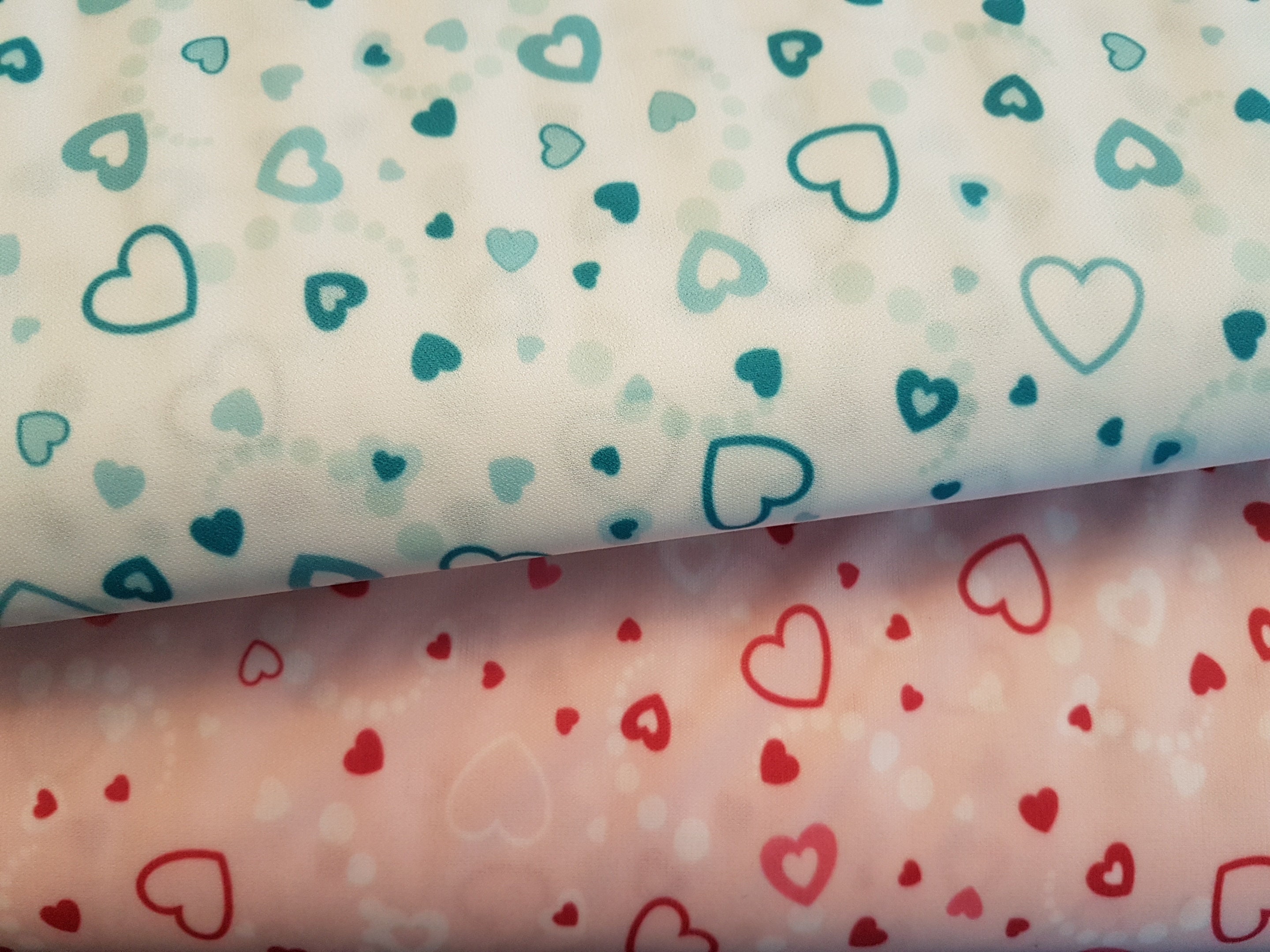 PUL Fabric Diaper Waterproof Laminated Fabric PUL Pink Hearts and Teal  Hearts on White 