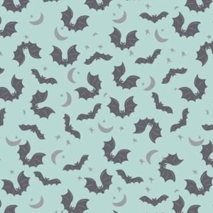 Puede incluir: Patrón repetitivo de murciélagos grises, lunas crecientes y estrellas sobre un fondo azul claro. Los murciélagos, con las alas extendidas, crean un diseño caprichoso y espeluznante. Adecuado para manualidades y decoraciones temáticas de Halloween.