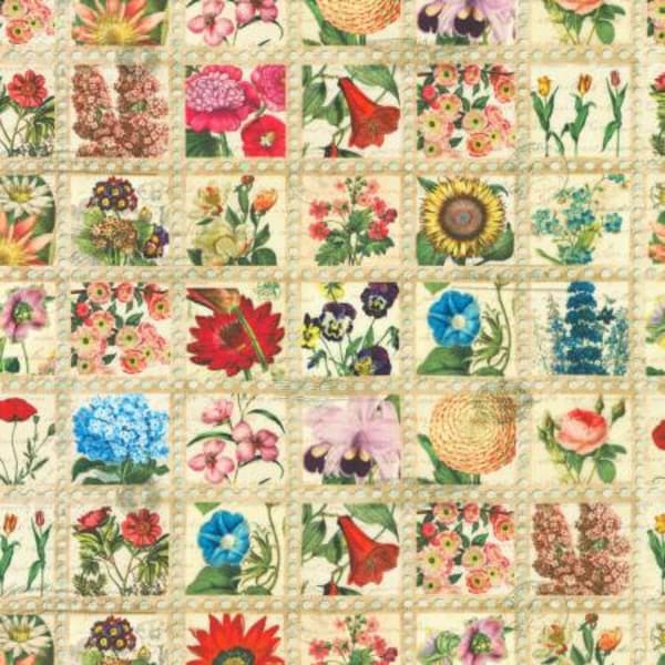 Flower Stamps Fabric by the Yard, Library of Rarities ATXD-19597-200, Robert Kaufman