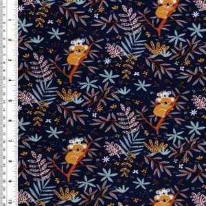 May include: A dark blue fabric with a repeating pattern of koalas, leaves, and flowers. The koalas are brown and white and are holding onto branches. The leaves are green and yellow, and the flowers are pink and white.