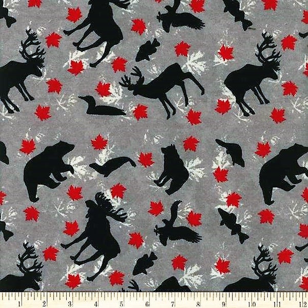 FLANNEL fabric, Canadian FLANNEL,  Moose Flannel, Maple Leaf Flannel, Grey Flannel, Pajama fabric, Fabric by the Yard, Fabric by the Metre