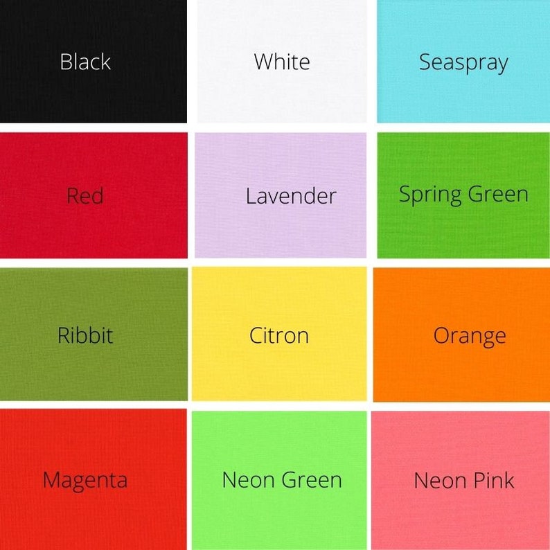 May include: A color chart with 12 different colors, including black, white, red, lavender, spring green, ribbbit, citron, orange, magenta, neon green, and neon pink.