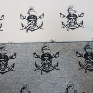KNIT, Hoodie fabric, Skull Fabric, Pirate Swords, Caribbean Pirate Skulls, Cotton Lycra Knit - 4 way stretch, White, 59&quot; Width