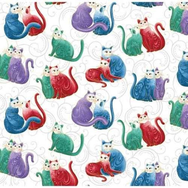 Benartex - Cat-I-tude 2 Fabric, Mini Scroll Cats on White/Multi Metallic Fabric, Cat-I-tude 2 PurrFect Together Cotton Quilting Fabric