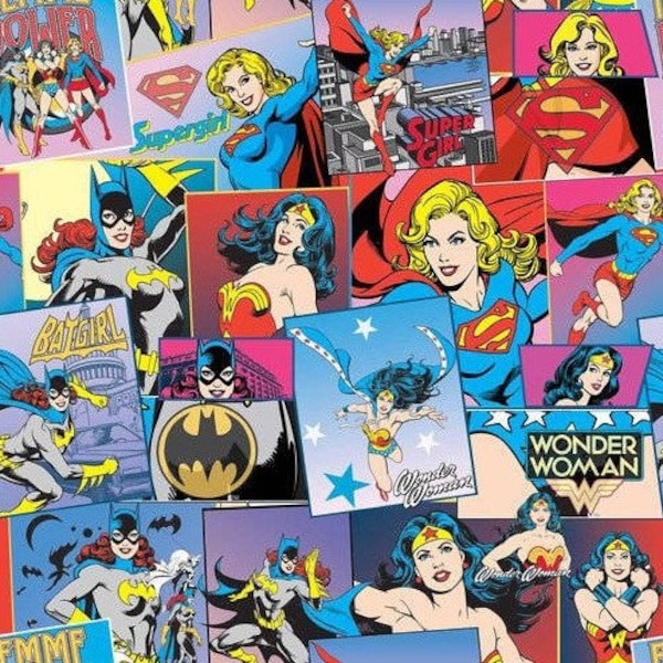 PRE-CUT 1 Yard - DC Justice League Fabric, Camelot Fabrics, Super Woman Fabric, Bat Girl Fabric, Super Girl Fabric - 100% Cotton