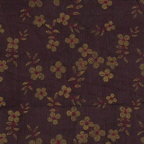 Corduroy Fabric, Yellow Red Flowers on Brown Fabric - 100% Cotton, Fine Wale Corduroy