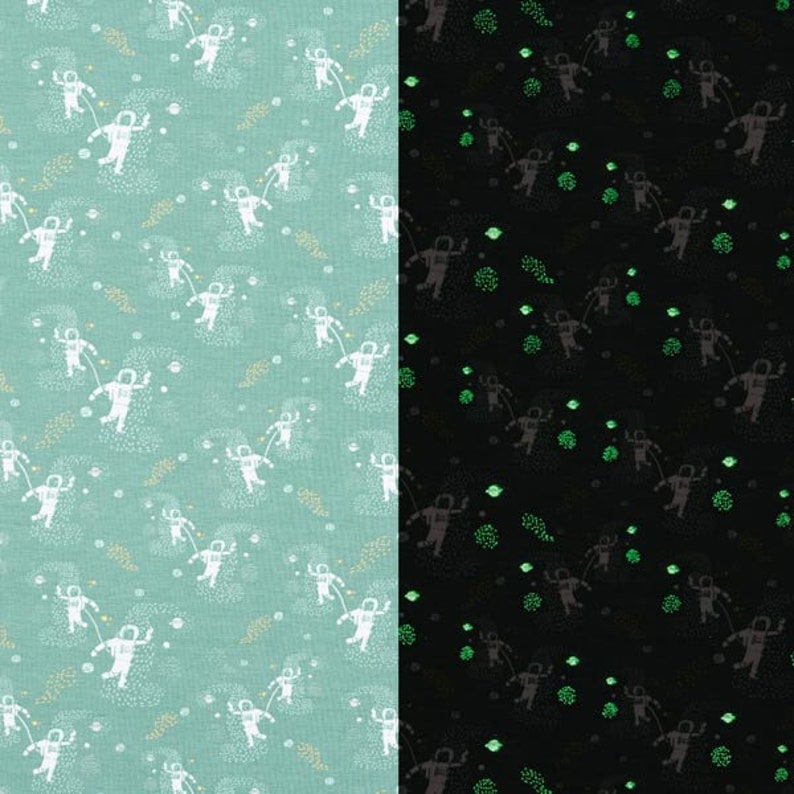 Puede incluir: Un patr&oacute;n sin costuras que presenta astronautas blancos en un fondo azul verdoso con estrellas blancas y purpurina dorada. El patr&oacute;n se repite en el lado derecho de la imagen en negro con estrellas verdes brillantes y astronautas.
