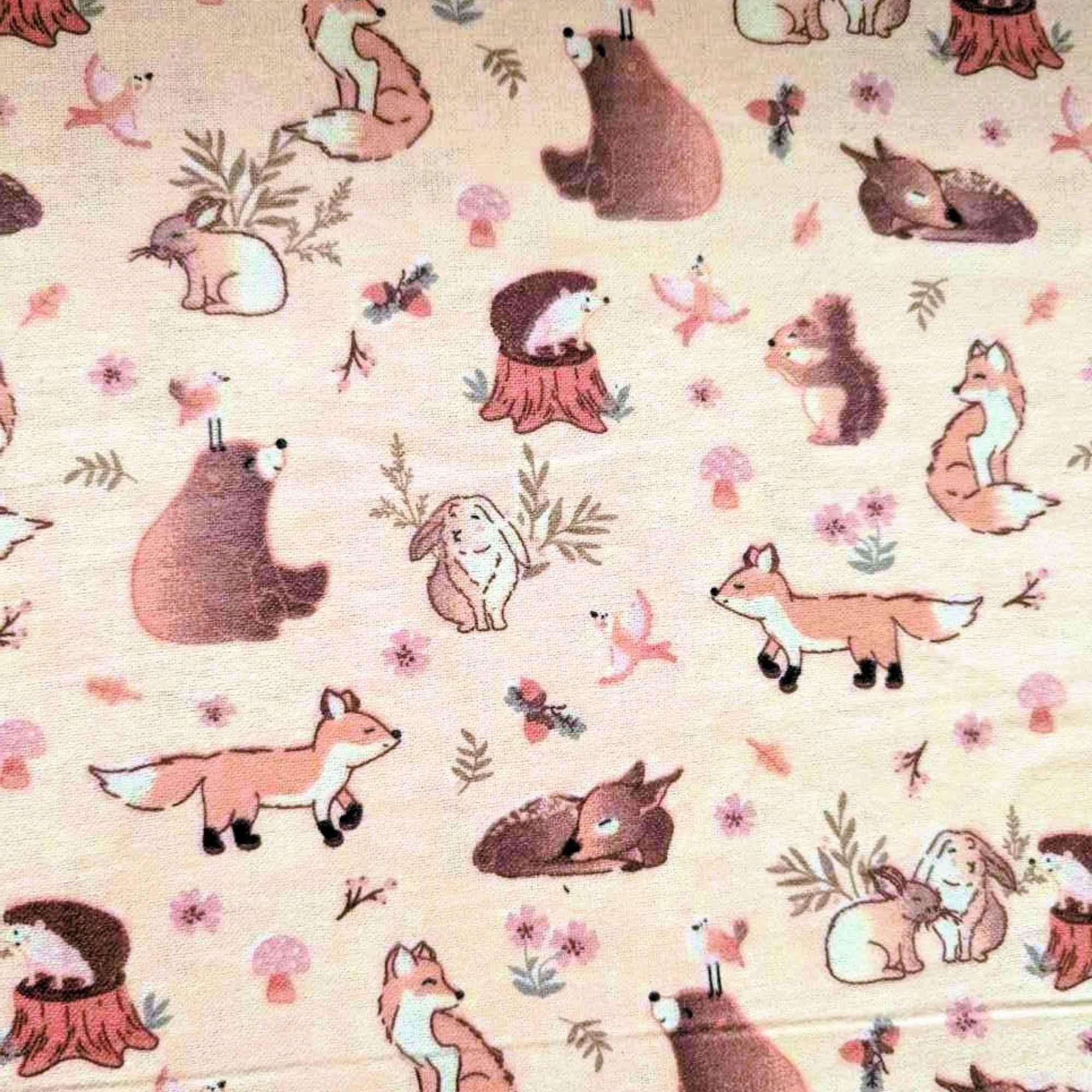 Woodland Animals Cotton Flannel Fabric – 44" Wide – Blush Pink Forest Fox, Bear, Deer & Bunny – By the Yard or Metre