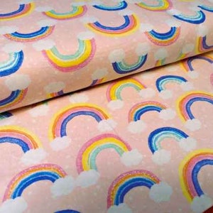 Rainbow and Clouds FLANNEL fabric on Pink, flannel fabric by the Yard