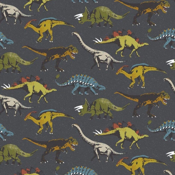 FLANNEL fabric,  Dinosaur Flannel on Grey, Pajama fabric, Fabric by the Yard, Fabric by the Metre