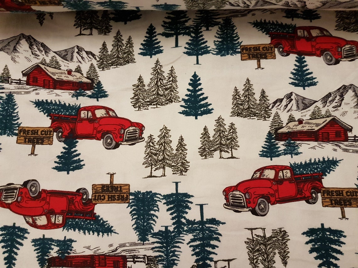 Red Truck Scenic FLANNEL fabric Christmas Flannel Pine Etsy
