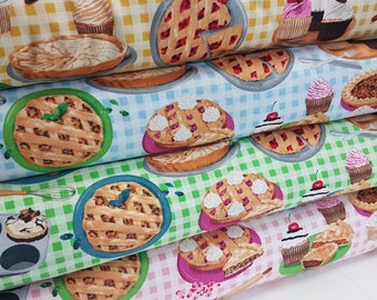 Bake Goods Fabric, Gingham Fabric, Pie fabric by the Yard, Apron fabric, 100% Premium Cotton, fabric by the metre