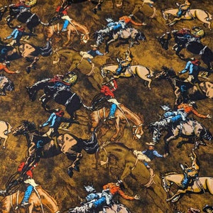 Cowboy Fabric, Rodeo Cowboy fabric on Brown, 100% Premium Cotton
