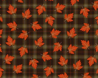 Maple Leaf Fabric, Timeless Treasures, Autumn Is Calling Leaves On Tartan Plaid 100% Cotton fabric C7651