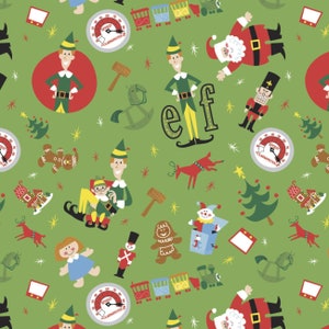 Zielony Elf Czas Zabawy Toss, tkanina bawełniana, Camelot Fabrics, Will Ferrell Tkanina cięta na wymiar