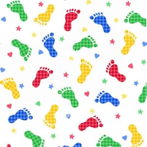 May include: A seamless pattern featuring colorful gingham footprints on a white background. The footprints are in red, blue, green, and yellow. The background is dotted with small hearts and stars.
