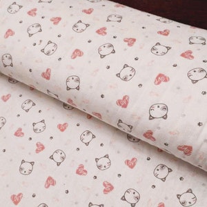 Japanese Cat FLANNEL, Heart flannel in Pink, fabric by the Yard, fabric by the Metre