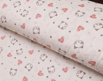 Japanese Cat FLANNEL, Heart flannel in Pink, fabric by the Yard, fabric by the Metre