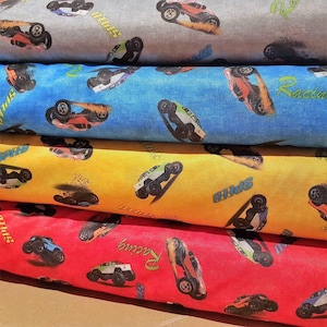 Tessuto impermeabile, PUL, Tessuto laminato, Adatto per alimenti, Pannolino, Auto da corsa in rosso, blu, giallo, grigio, Tessuto tagliato su misura, Tessuto al metro