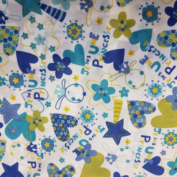 Stay dry digital print PUL fabric, Laminated fabric, Waterproof Laminate fabric - Hearts, Princess, Stars, Je Suis une Princess Blue