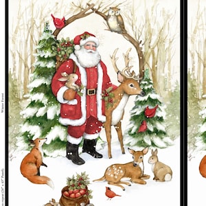 Pu&ograve; includere: Babbo Natale, con un abito rosso con bordi bianchi, si trova in una foresta invernale innevata. Tiene un piccolo coniglio nella mano sinistra e un sacco di mele rosse nella mano destra. Un cervo, una volpe e altre creature del bosco lo circondano. Il testo "Winter Forest" &egrave; scritto verticalmente sul lato sinistro dell'immagine.