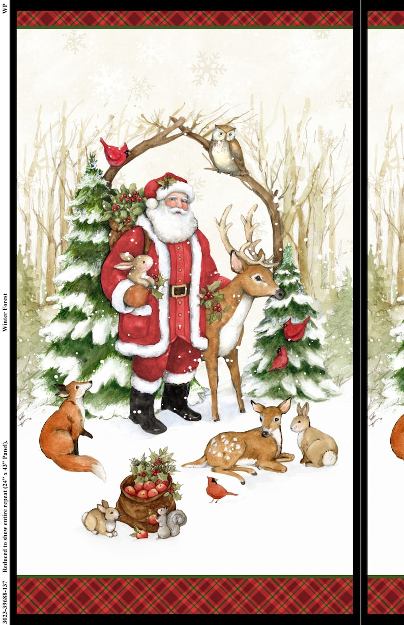 Pu&ograve; includere: Babbo Natale, con un abito rosso con bordi bianchi, si trova in una foresta invernale innevata. Tiene un piccolo coniglio nella mano sinistra e un sacco di mele rosse nella mano destra. Un cervo, una volpe e altre creature del bosco lo circondano. Il testo "Winter Forest" &egrave; scritto verticalmente sul lato sinistro dell'immagine.
