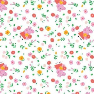 Peppa the Pig FLANNEL, White Flannel, fabric by the Yard, Bunches of Flowers, 95220133B-01