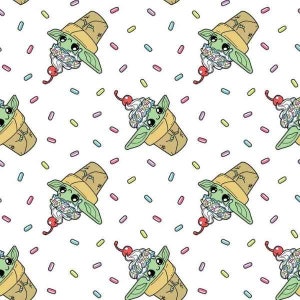 Pode incluir: Um padrão repetido de personagens de desenhos animados verdes, amarelos e marrons em cones de sorvete com granulado em um fundo branco.