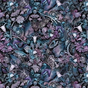 Tessuto con teschio, tatuaggio floreale con teschio Last Dance, Timeless Treasures C8707, cotone trapuntato, tessuto tagliato su misura