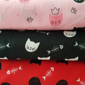 Cat fabric by the Yard, Kitty fabric, Pine, Black, Red, 100% cotton, fabric by the metre